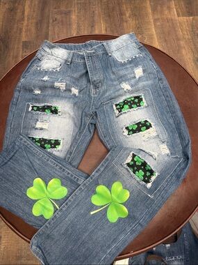 Distressed Blue Jeans with Green Shamrock Accents